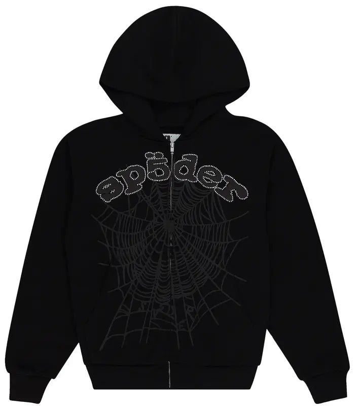 Sp5der x Young Thug Rhinestone Zip-Up Hoodie 'Black'