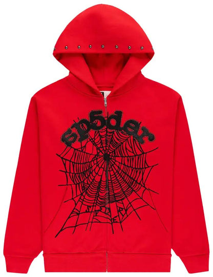 Sp5der OG Wed Studded Zip Hoodie 'Red'