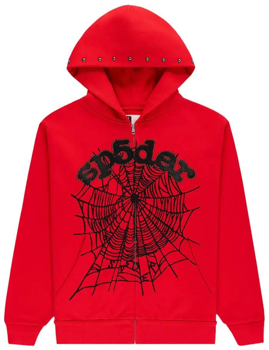 Sp5der OG Wed Studded Zip Hoodie 'Red'