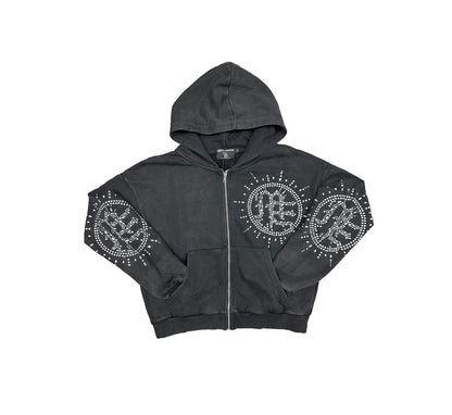 Eclipse’ Grey Acid Wash Rhinestone Hoodie
