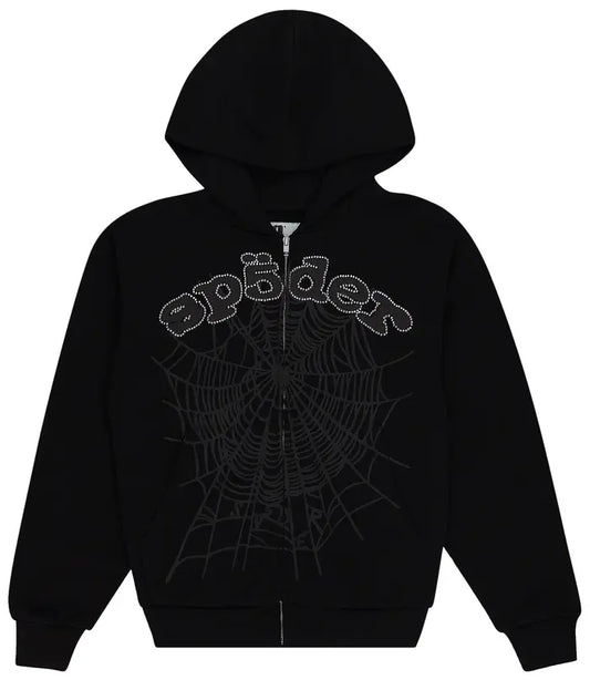 Sp5der x Young Thug Rhinestone Zip-Up Hoodie 'Black'